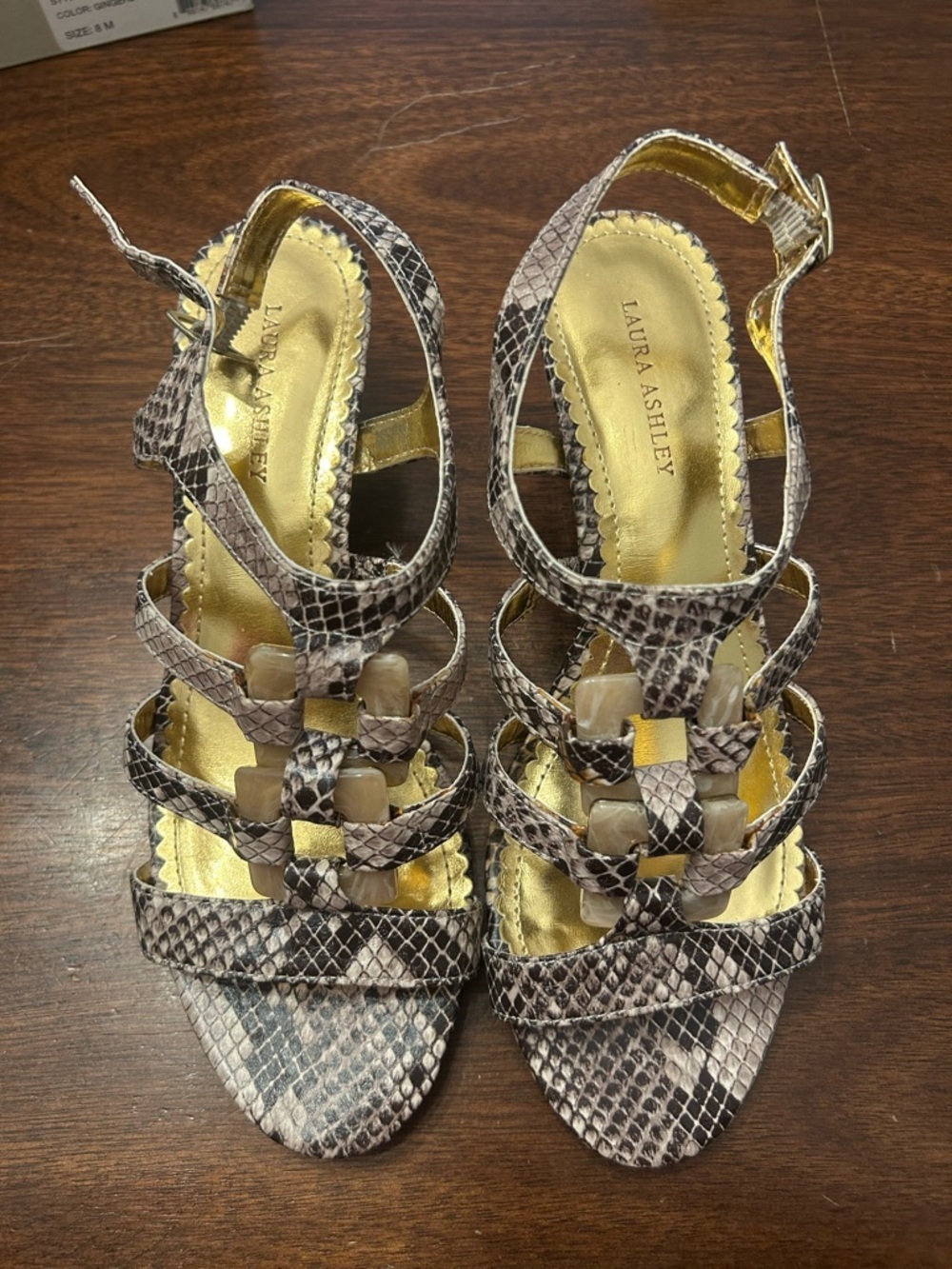 Laura Ashley Taupe Snake-Print Strappy Heels with Gold Insole